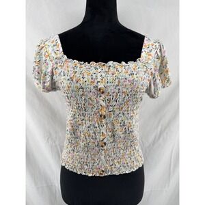 Mudd Womens XL White Floral Smocked Top Short Sleeve Faux Button‎ Square Neck